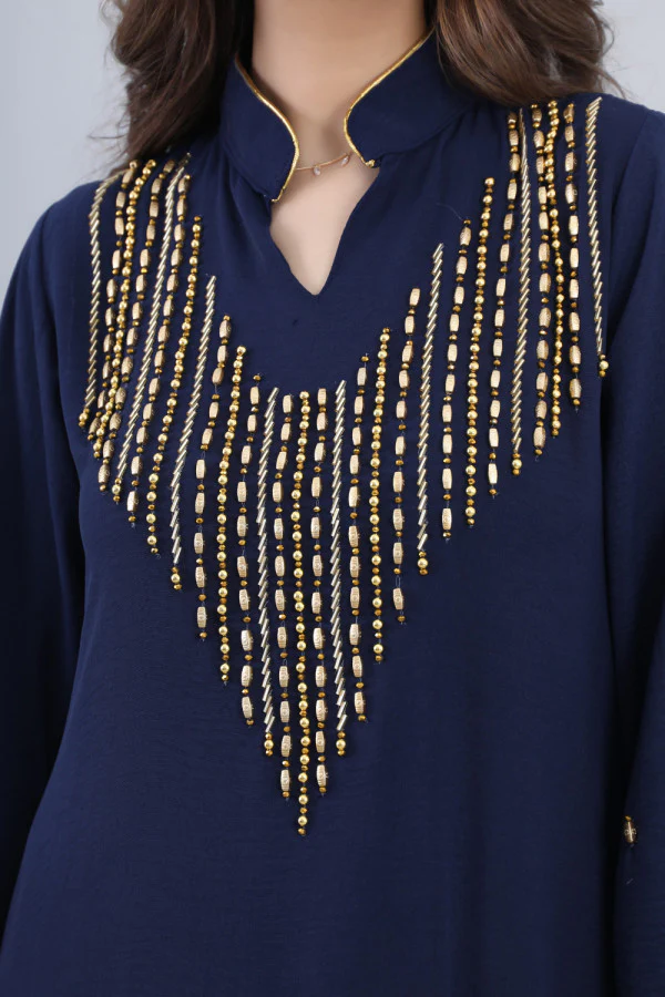 9-10182جلابيه ناعمه مطرزه ببلور وخرز ذهبي لون كحلي