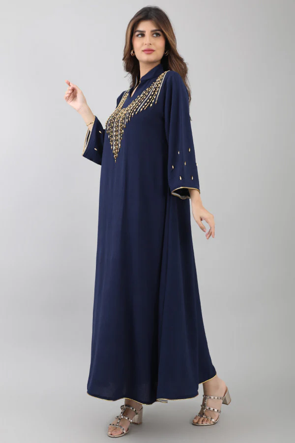 9-10182جلابيه ناعمه مطرزه ببلور وخرز ذهبي لون كحلي